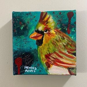 Original Cardinal Bird Painting Gallery Wrapped Canvas Size 6”x6” Artwork